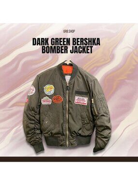 Dark Green Bershka Bomber Jacket W/ Adventure & Motorbike Riders Patches Zip Clo